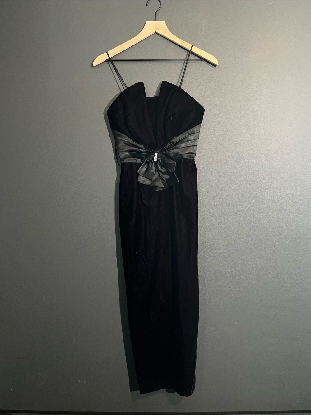 Vintage Victoria Stephens Black Velvet Spaghetti Strap Evening Dress - XS